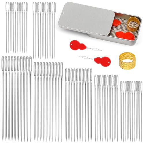 70 Stück Handnähnadeln, Nähnadeln mit Großem Öhr, Nähnadeln aus Edelstahl, Stopfnadel Nadeleinfädler und Fingerhut zum Nähen, Reparieren, Quilten und Basteln von Leder (7 Größen)
