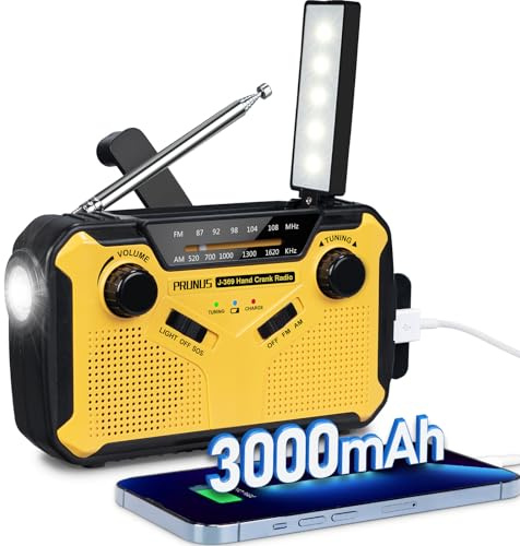 PRUNUS J-369 FM/AM Solar Radio Kurbel Notfall, Radio Batteriebetrieben/Akku | Notfallradio Kurbelradio mit 3000mAh Power Bank/SOS Alarm, Dynamo Radio, Taschenlampe&Leselampe für Ourdoor, Notfall