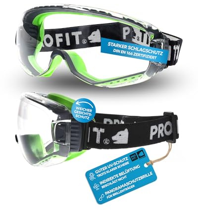PRO FIT Schutzbrille Grün/Schwarz - Arbeitsschutzbrille für Brillenträger T-Spex – klare Vollsichtbrille, Beschlagfreie Panoramaschutzbrille für Brillenträger, mit UV-Schutz & Ventilation