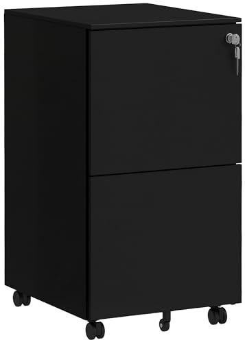 Vinsetto Rollcontainer Aktenschrank mit 2 Schubladen, Abschließbarer Büroschrank mit Rollen, Bürocontainer für A4 Akten, Dokumente, Stahl, 37 x 43,5 x 67,5 cm, Schwarz