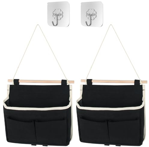 KYYLZ 2 STK Hängeorganizer Hängetasche Wand Aufbewahrungstasche,Organizer Taschen Hängend Hängeaufbewahrung Faltbares Leinen Stoff Wandorganizer mit Haken für Home,Office,Bad,Diele (Schwarz)