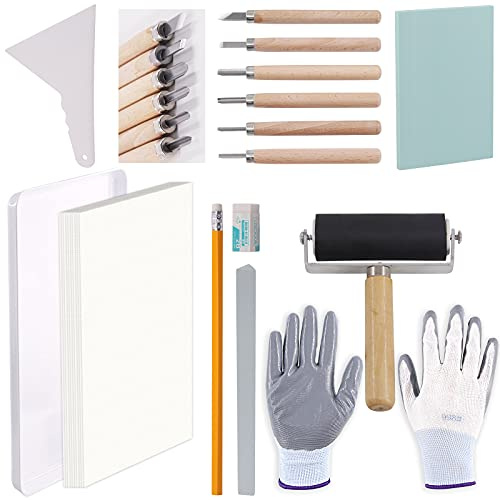 Rustark 24 Stück Linolschnitt Werkzeug Set Blockdruck Starter Kit mit Gummi Schnitzblöcke, Linoleum Schnitzwerkzeug, Pauspapieren für Stempelschnitzerei und Druckgrafik