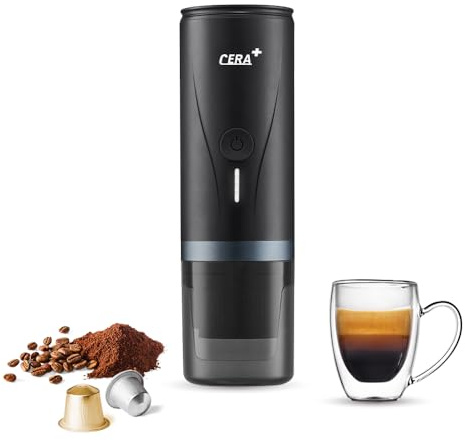 CERA+ Elektrische Tragbare Espressomaschine mit 3-4 Minuten Selbsthitzung, 20Bar 12V mini akku Kaffeemaschine,kompatibel mit NS-Kapsel &gemahlener Kaffee reise kaffeemaschine für Auto,Camping