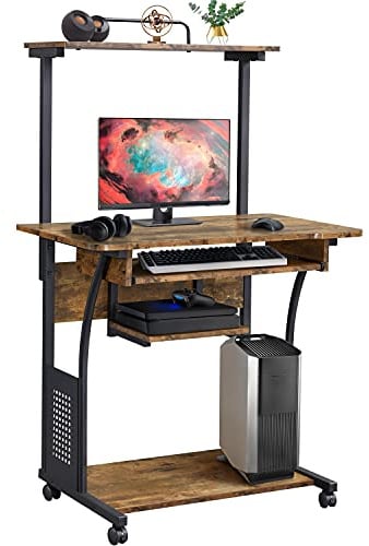 Yaheetech Schreibtisch Klein 80 cm breit, Vintage Computertisch im Industrie-Design mit Rollen & Regal, PC-Tisch mit Tastaturfach aus Holz und Metall, Rustikal-Braun