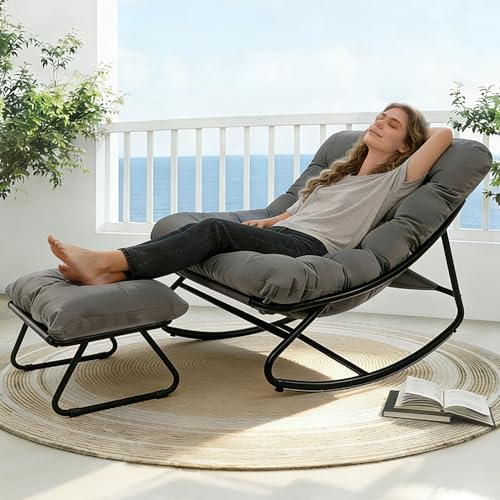 AlpineAura Schaukelstuhl mit Hocker Outdoor Lesesessel Schaukelsessel Wohnzimmer Relaxstuhl mit Gepolsterter, Outdoor Patio Schaukelstühle aus Metall, bis 150 kg, für Garten, Hof, Terrasse