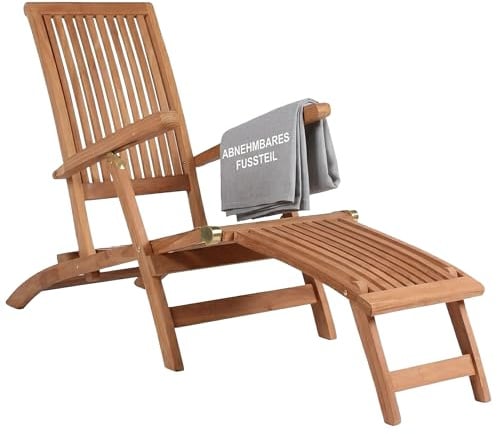 MR. DEKO Deckchair Yacht Teak Holz 170 cm | Sonnenliege Garten Klappbar | Gartenliege Wetterfest Massivholz | Deckstuhl Outdoor Teakholz Balkon | Liegestuhl Terrasse Rostfrei