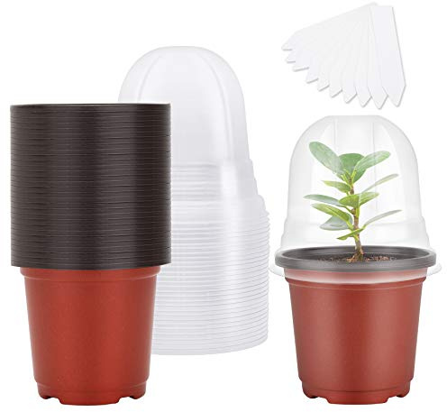 MIXC Anzuchttöpfe Pflanzentopf 30 Stück 10cm Blumentopf Plastik mit Feuchtigkeitskuppel, Rund Pflanztöpfe Kunststoff Saattöpfe übertöpfe mit 10 Steckettiketten