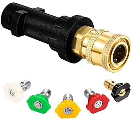 Hochdruckreiniger Pistolen Adapter 1/4 Zoll Messing und 5 Abnehmbaren Sprühdüsenspitzen, Schnellanschluss für Kärcher K-Serie K2-K7