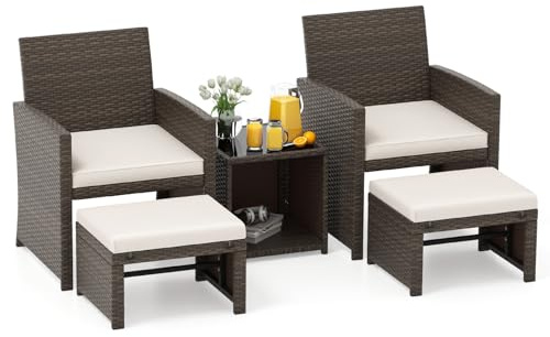 COSTWAY Rattan Gartenmöbel Set, Balkonmöbel, Balkonset inkl. 2 Stühle mit Kissen, Hocker & Tisch, Terrassenmöbel, Gartengarnitur, Sitzgruppe für Garten, Balkon, Terrasse (Weiß)
