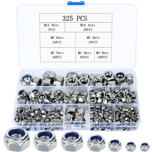 325 Stk Sechskantmuttern Set, Sicherungsmuttern Selbstsichernde Muttern, Schraubenmuttern, Stoppmuttern, Kontermuttern Set, Sechskant Mutter Sortiment Set für Gewindeeinsätze, M3 M4 M5 M6 M8 M10 M12