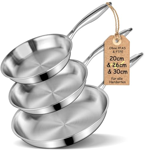 Terlulu Dreilagige Edelstahl-Bratpfannen-Set 20/26/30 cm – Edelstahlpfanne unbeschichtet & Induktionspfanne, PTFE/PFAS/PFOA-frei, Für Alle Herdarten, Schnellwärmend, Backofenfest & Spülmaschinenfest