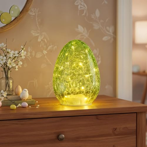 levandeo LED Osterei H16cm Grün Glas Licht mit Timer Dekolampe Tischlampe Stimmungslicht Osterdeko Crackle Look