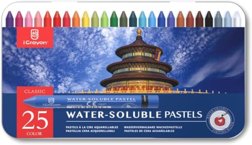 iCrayon Wasserlösliche Pastellkreiden, Aquarell-Pastellkreiden, Künstler-Set mit Spitzer, Palette und Pinsel für lebendige Kunstkreationen, 25 Farben (klassisch)