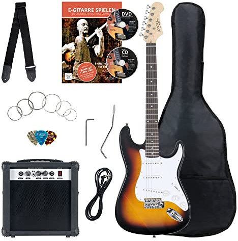 Rocktile Banger's Pack E-Gitarren Set, 8-teilig Sunburst, Tremolohebel | Rocktile ST-Style E-Gitarre, 3-Color Sunburst Finish, 3 Single-Coil Tonabnehmer, 5-Wege Wahlschalter, 1 Volume-/ 2 Toneregler