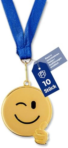 geschenke-fabrik.de Smiley Daumen hoch-Medaillen Kinder-Set, Gold, Metall | Bandfarbe & -breite nach Wahl, optional mit Wunschtext, für Kindergeburtstag, Turniere & Vereine