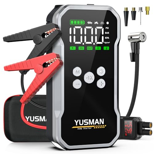 YUSMAN Starthilfe Powerbank mit Kompressor | 7000A Auto Starthilfe für alle Benzinmotoren & 7L Diesel | 160PSI Luftpumpe mit LCD & Multifunktions-Taschenlampe