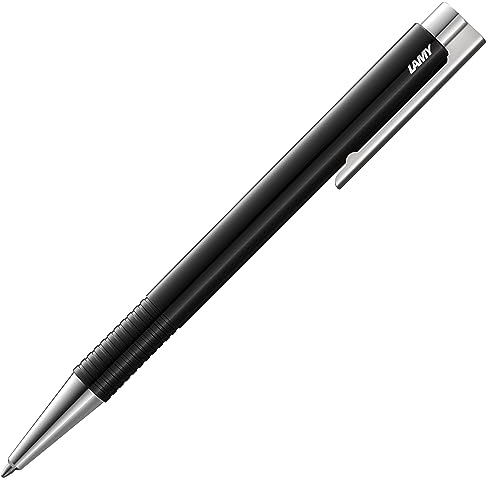 LAMY logo M+ Kugelschreiber 204 aus bruchfestem Kunststoff in der Farbe schwarz mit verchromter Spitze und Drücker, inkl. Großraummine LAMY M 16 Strichbreite M in blau