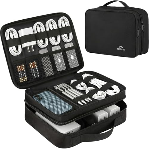 MATEIN Kabeltasche Groß, Kabeltasche Organizer mit DREI Verschiedene Fächer, Tragbarer Kabel Organizer Tasche für Ladekabel, Ladestecker, Kable Tasche für Handy, Lagerung, Reise, Tablet, Schwarz