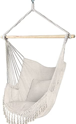 VOUNOT Hängesessel mit 2 Kissen & Bücherfach, Hängestuhl XXL Hängematte Hängeschaukel für Indoor Outdoor Garten, Beige