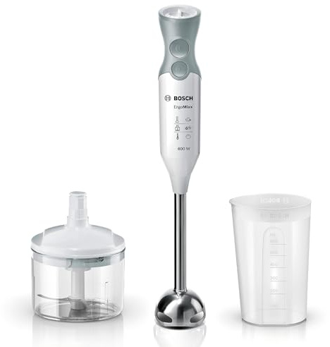 Bosch Stabmixer ErgoMixx, Edelstahl-Mixfuß, Mix- und Messbecher, 4-Klingen-Messer, Zerkleinerer, ergonomisches Design, 12 Stufen plus Turbo, 600 W, weiß/grau, MSM66120