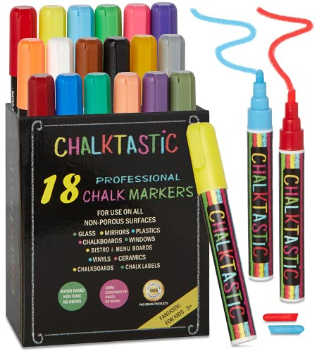 Chalktastic Colorful Art Co. Kreidestifte für Fenster, Tafel, Whiteboard etc. - 18 flüssige Kreidemarker mit Rund- und Keilspitze - Abwaschbar (Neon-Farben)