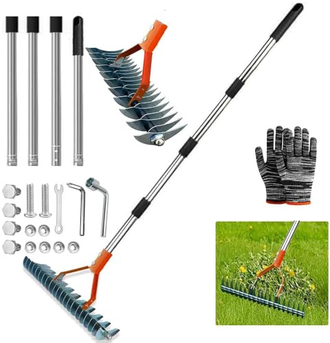 Vertikutierer Rechen mit Stiel 163cm, Metall Schneidrechen Garten, Abnehmbar, Verstellbarer Vertikutierrechen, Handvertikutierer, Vertikutierer Rechen, Vertikutierharke für Garten, Hof, Rasen