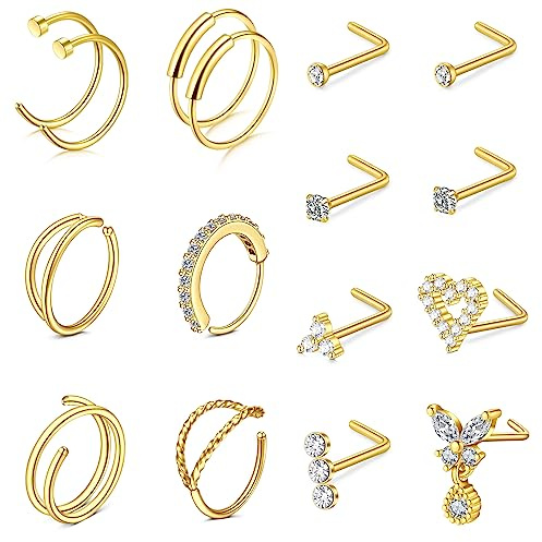 Rajnard 316L Chirurgenstahl Nose Ring Studs 20G 8mm 7mm Silber Gold L-Form Nase Schraube Nase Hoop Ringe für Frauen Mädchen Edelstahl Nostril Piercing Schmuck