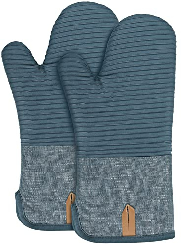 BONTHEE Ofenhandschuhe Topfhandschuhe Extra Lang Baumwolle kochhandschuhe mit Anti-Rutsch Silikon Gestreift backhandschuhe für Kochen Backen Grillen - 2er Set - Blau