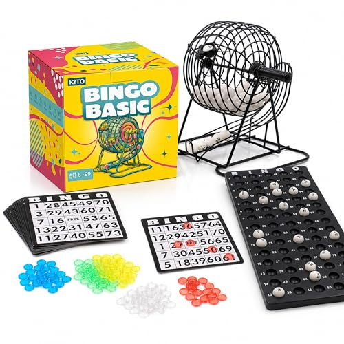 Kyto Bingo Spiel Metalltrommel 18 Bingotickets 75 Bingo Kugeln 150 Chips Spielbrett schwarz Erwachsene Kinder Basic (2026)