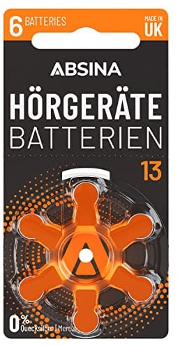 ABSINA Hörgerätebatterien 13 6 Stück mit gut greifbarer Schutzfolie - Hörgeräte Batterien 13 Zink Luft mit 1,45V - Typ 13 Batterien Hörgeräte Orange - PR48 ZL2 P13 Hörgerätebatterien