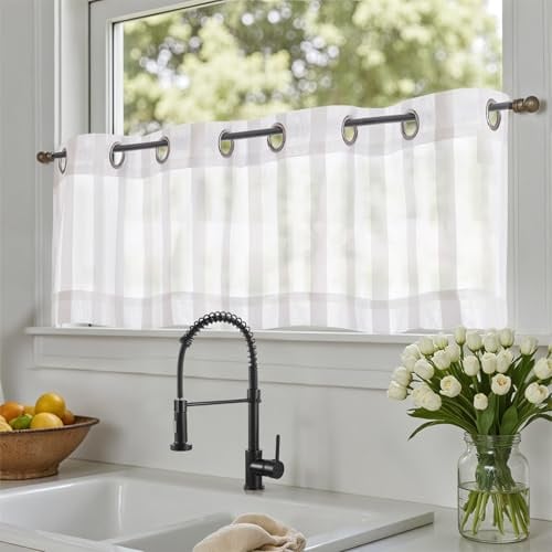 TOPICK Scheibengardinen modern Bistrogardine Wohnzimmer Weiß H 35 x B 130 (cm) 1er Set mit Ösen Transparent Landhaus Ösenvorhang Streifen Voile Küchenvorhang Gestreift Küchengardinen Klein Fenster