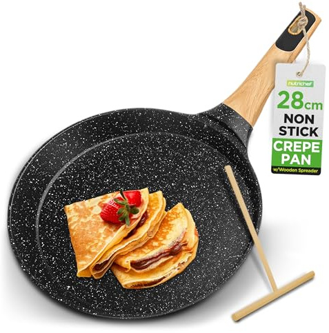 Nutrichef Crepe Pfanne 28 cm Induktion Antihaft Schwarz – Pfannkuchenpfanne Marmorbeschichtet Aluminium mit Holzspatel für Pancake CrepesPFOA Frei Leicht Reinigung, Alle Herdarten