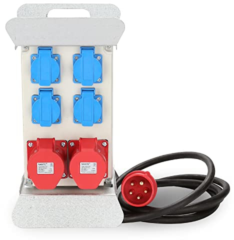 Peviasot Baustromverteiler, CEE 2 x 16A 400V+4x 230V Schuko IP44 5 polig, Wandverteiler mit LS-Schalter FI-Schalter, Stromverteiler IP44 Mit Sicherheitsklappdeckeln und Leitung
