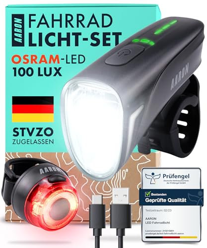 AARON LED Fahrradlicht Set 100 LUX für Stadtpendler & E-Bike-Fahrer, StVZO zugelassen, USB aufladbar, Fahrrad Licht Set regenfest - Fahrradbeleuchtung - Beleuchtung Fahrrad für vorne + hinten