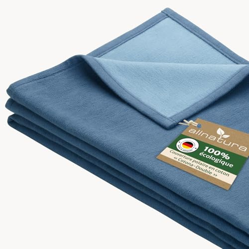 allnatura Flauschige Baumwoll-Plüschdecke Cotona-Double 140x200 cm in Blau, Made in Germany - große GOTS-zertifizierte Sofadecke 100% Bio-Baumwolle - waschmaschinenfeste Wohndecke Couchdecke