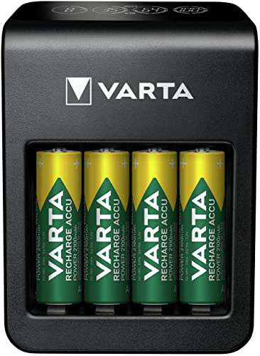 VARTA Akku Ladegerät mit EU-Stecker für 2/4 wiederaufladbare AA/AAA Batterien, 1x 9V, 1x USB-Gerät - LCD Plug Charger+ schwarz - Inkl. 4x AA 2100 mAh