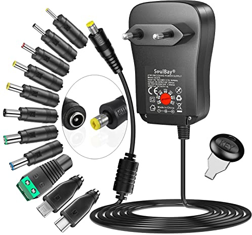SoulBay 41W 6V 9V 12V 15V 18V 20V 24V Universal Netzteil mit 11pcs DC Tipps | 24V Universal Ladegerät mit USB-C & Micro USB Stecker, AC/DC Adapter für Haushaltselektronik LED Streifen Router - 2000mA max
