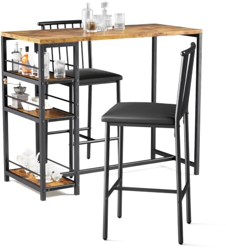 Xbro Bartisch Set 3-teilig, Küchentisch mit Stühlen für Küche, Esszimmer, Bistro, etc. Esstisch und 2 Stühle mit Rückenlehne und Polsterung(Braun)