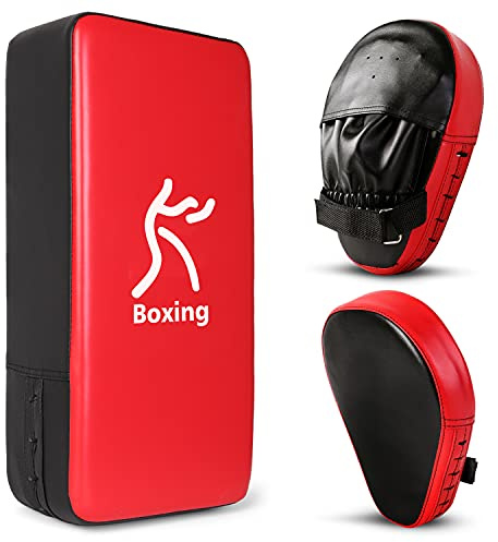 Odoland Handpratzen Set 2 IN 1 mit PU Pratzen Schlagpolster für Boxsack Boxen Kickboxen Boxtraining Kampfsport Pratze Thai Kick Boxen Pratzen Rot