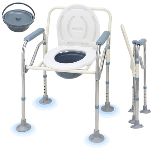 Vkechh Toilettenstuhl für Senioren 150kg Faltbar Nachtstuhl mit Armlehne Hygienischer Toilettenstuhl Toilettenhilfe WC Stuhl Höhenverstellbar Stuhl für Toilette mit Herausnehmbarer Eim