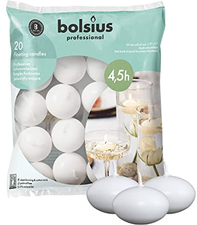 Bolsius - Schwimmkerzen - Weiß - 20 Stück - im Beutel - Länge Brenndauer 4,5 Stunden - 4,5 x 3 cm - Unparfümierte - Natürliches Pflanzenwachts - Ohne Palmöl