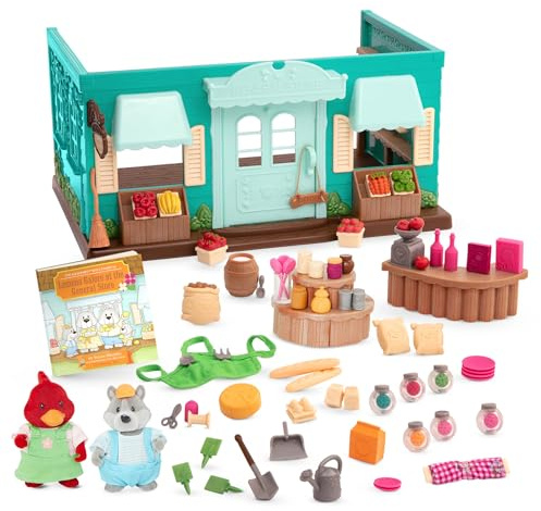 Li’l Woodzeez – Honeysuckle Hollow Kaufladen-Spielset mit Bilderbuch | 72-teiliges Set mit Kaufladen, Theke, 2 Tierfiguren, Mini-Zubehör und Bilderbuch, Supermarkt & Buch, 3+ Jahre