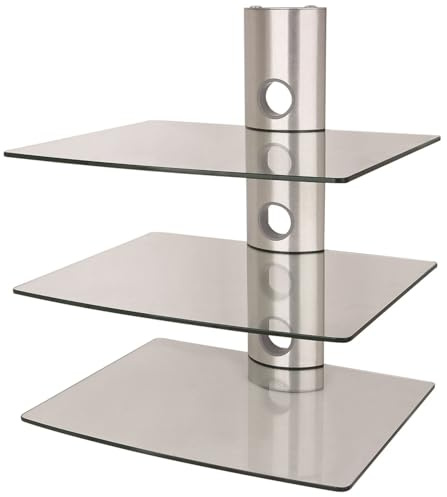 NEG Suspender 503S HiFi-Regal Wandregal, Silber, 3 Glas-Ablagen | Konsolen-Rack, Schwebend, Transparent, Kabelmanagement-System