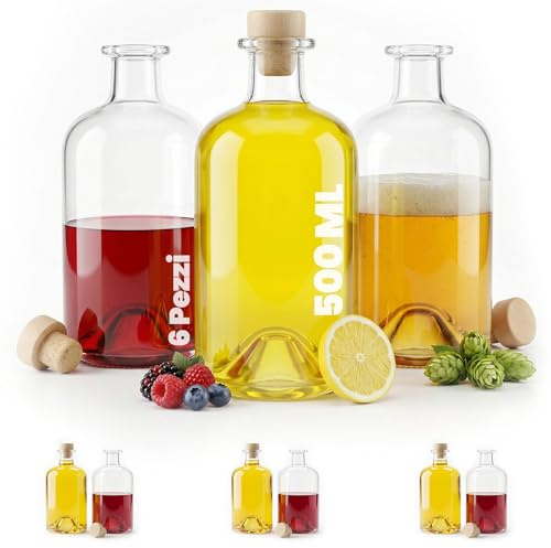 slkfactory 6 x 500ml Glasflaschen Apothekerflasche 0,5 Liter Leere Flaschen zum Befüllen mit Korken Glas Likörflaschen Schnaps Schnapsflaschen Öl