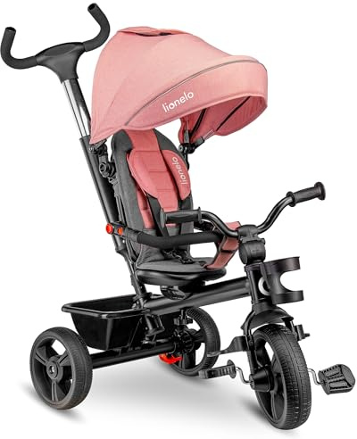 LIONELO Haari 2in1 Dreirad mit Schubstange ab 18 Monate bis 25kg, Vorwärts und Rückwärtsfahrt, schlauchlose Gummireifen, Freilauf geräumiger, Korb, Tasche, Getränkehalter