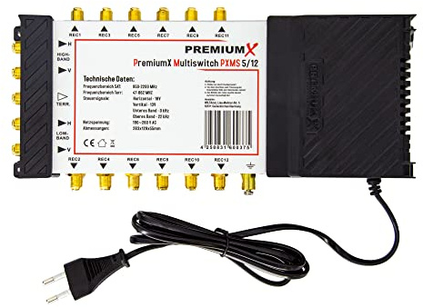 PremiumX PXMS 5/12 Multischalter mit Netzteil Multiswitch 1 SAT bis 12 Teilnehmer Satverteiler Digital HDTV FullHD 4K UHD 8K