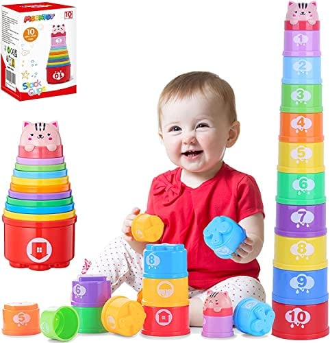 MOONTOY Stapelbecher Baby Spielzeug ab 1 Jahr, 11PCS Stapelturm Baby,Stapelwürfel ab 6 9 12 Monate,Badewannen Sandspielzeug 1-6 Jahr für drinnen, draußen, kinderspielzeug Geschenk