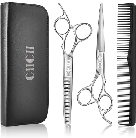 CIICII Friseurschere, Haarschneideschere Profi Set (6,7 Zoll Haarschere & Effilierschere) Haar Bart Trimmen Formung Pflege für Männer Frauen Haustiere Familie Friseursalon (Silber)