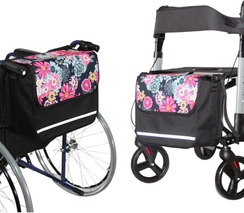 SENIORI Rollator- und Rollstuhltasche – Bequeme Befestigung & viel Stauraum – für Verschiedene Modelle – Mit Reflektor, Klettverschluss & stabiler Form (4. Blumen, Flex)