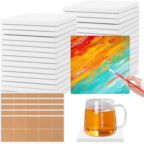 DAJAVE 20 Stück Keramik-Kacheluntersetzer zum Basteln, 10X10CM Quadratische Weiße Keramik Untersetzer, Untersetzer für Kinder zum Basteln, Keramikfliesen für Bastelarbeiten, Kork-Unterlagen enthalten